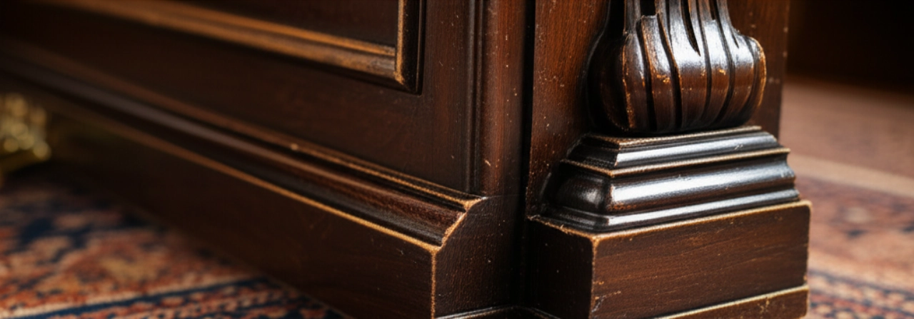 Hyperrealistic detail of the sturdy wheels and base of an upright piano, with the carpet compressed by its weight.