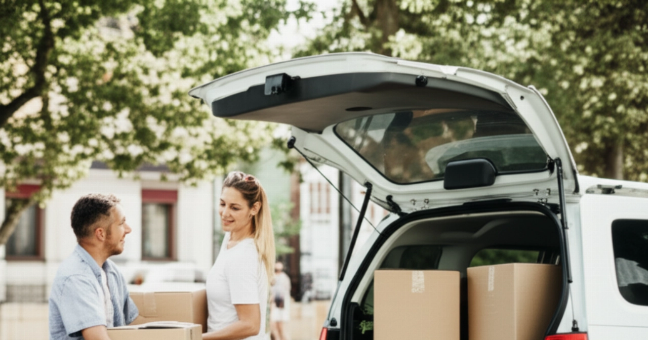 A smiling Caucasian couple loads some boxes into a van on a city street, representing an efficient small move.