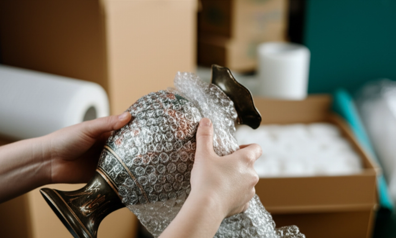 Caucasian hands carefully wrap a fragile vase in bubble wrap, highlighting the delicacy and attention in small moves.