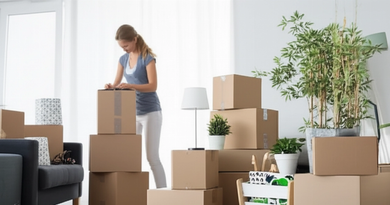 Moving boxes and well-organized household items in a bright living room, with a smiling Caucasian woman in the background, representing an efficient small move.