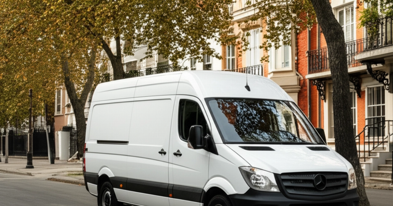 Modern and compact white van parked on a quiet urban street, symbolizing an efficient and accessible small moving service.