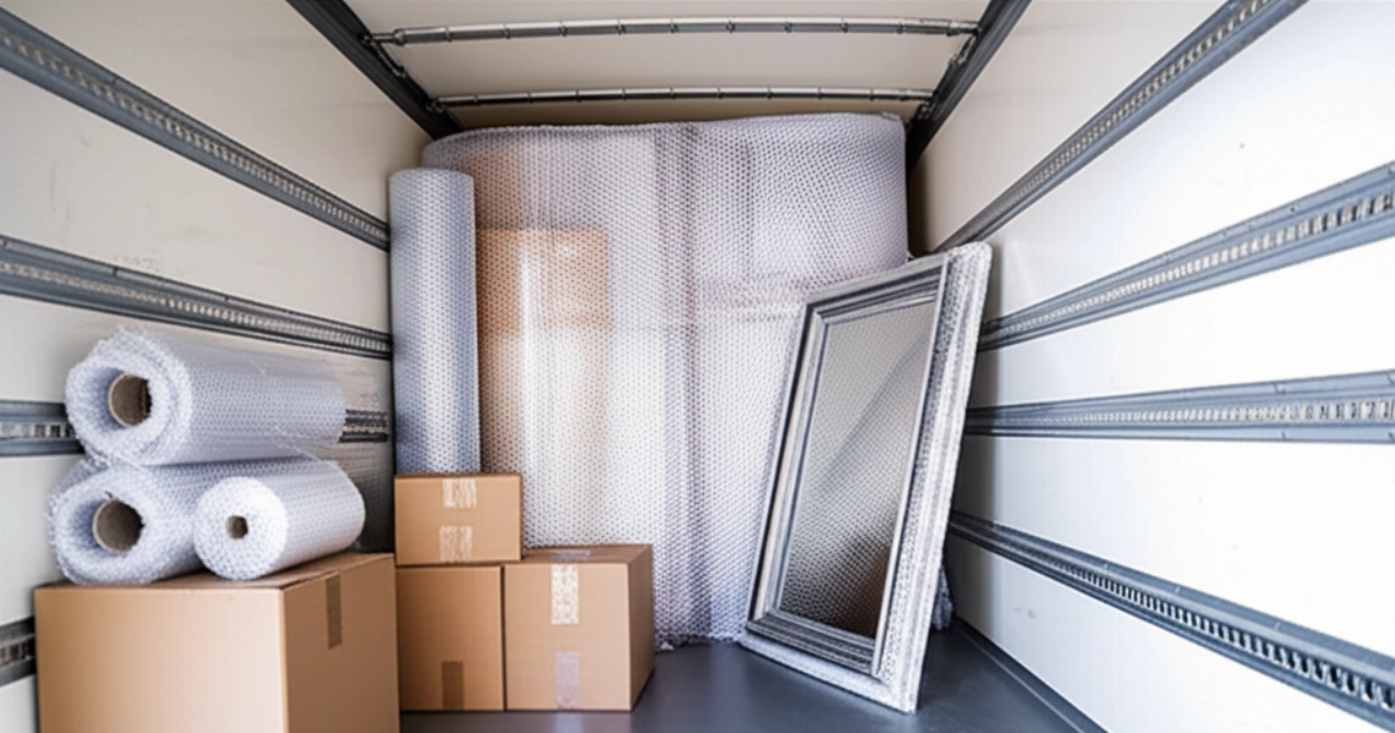 Interior of a moving truck or warehouse, with boxes and items packed in bubble wrap.