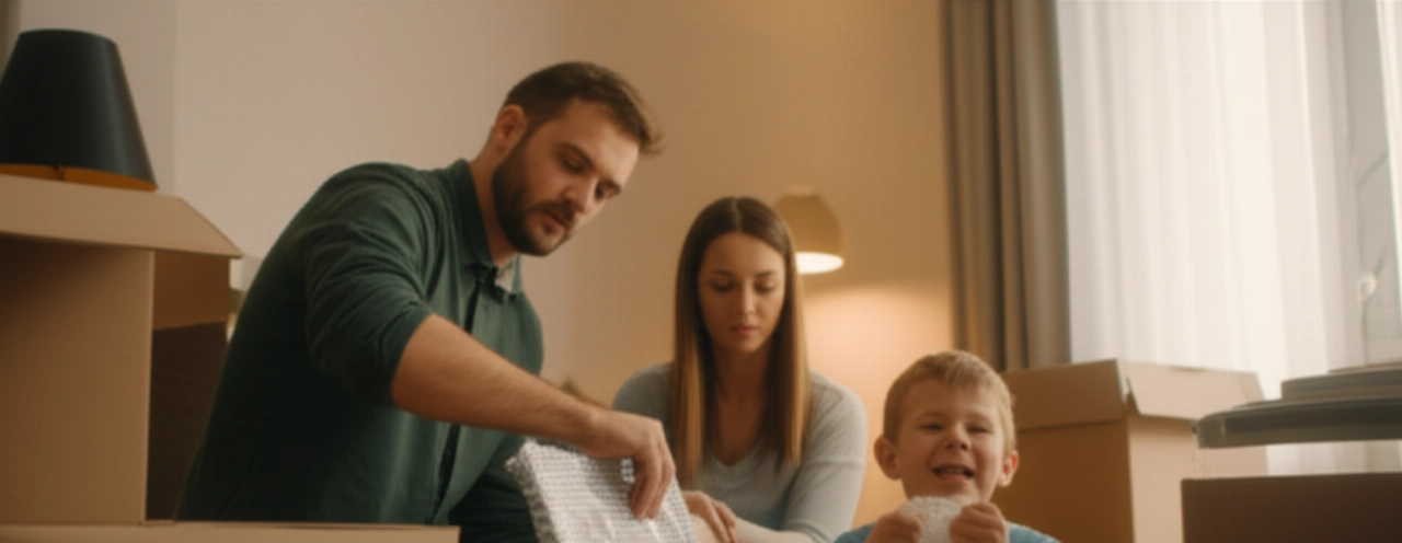 A Caucasian family packs items with bubble wrap during a move, with the child playing with the bubbles.