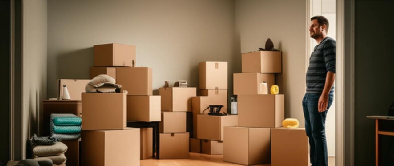 Caucasian man observes with satisfaction a stack of labeled moving boxes in an almost empty room.