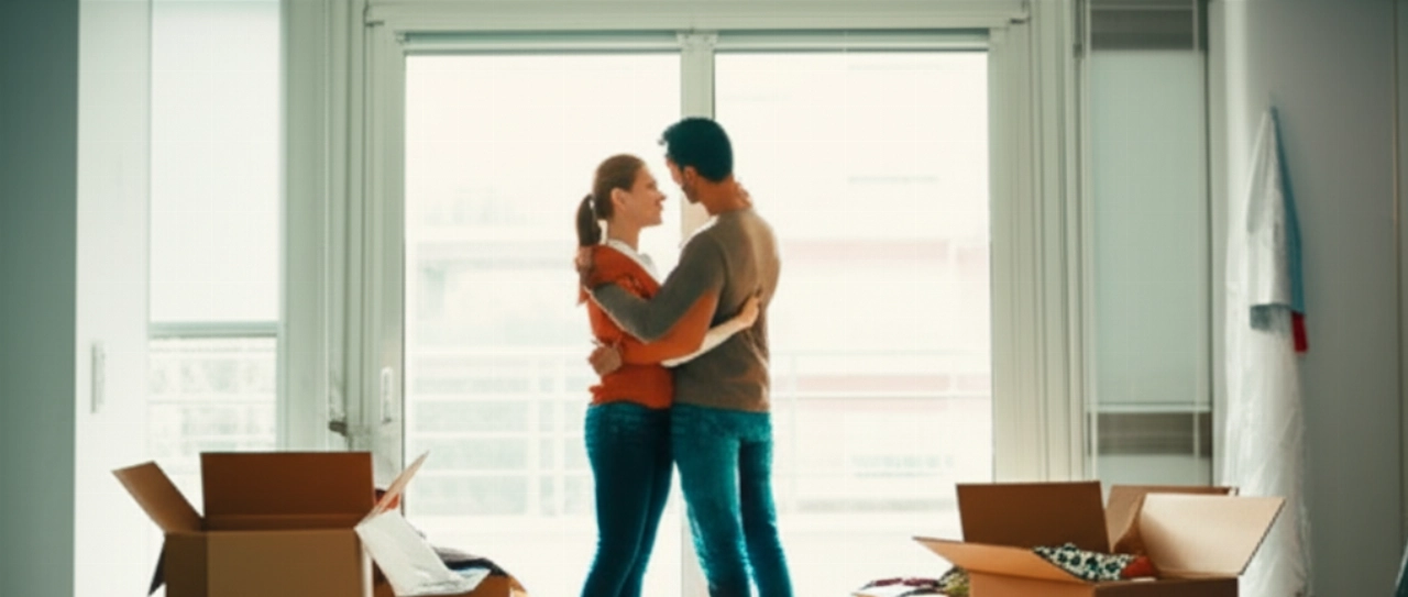 Happy and relaxed young Caucasian couple in their new apartment, with neatly arranged moving boxes, symbolizing a stress-free move.