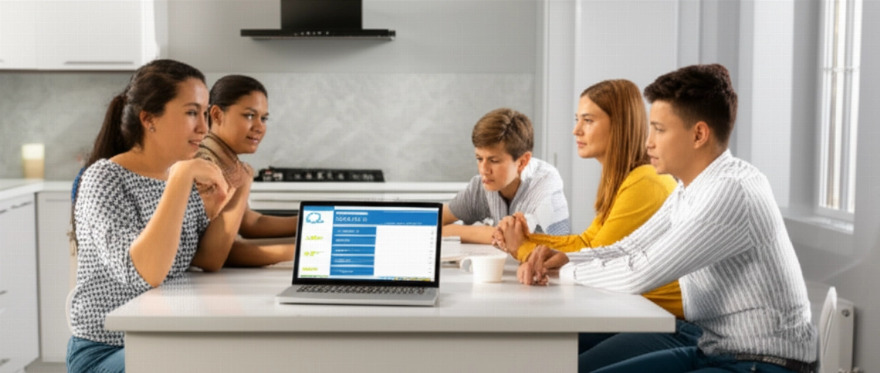 Caucasian family discussing a detailed moving quote on a laptop, highlighting transparency and informed planning.