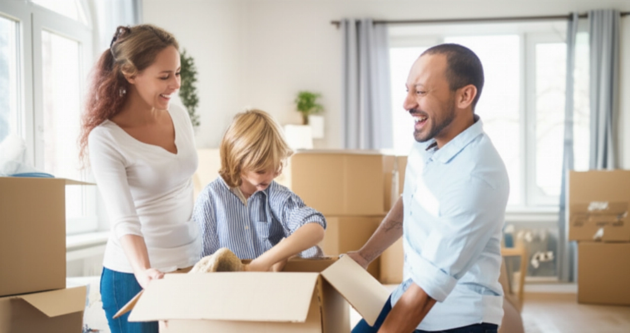 Happy family unpacking in a new, bright living room after a move.