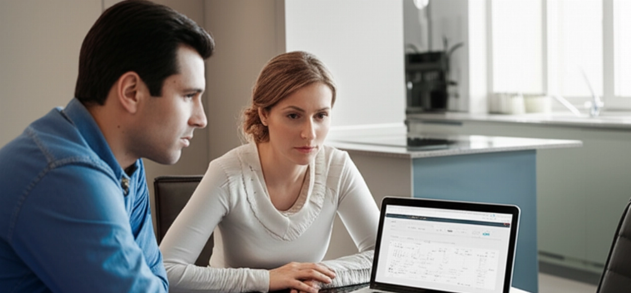 Couple planning a move with a laptop, making informed decisions.