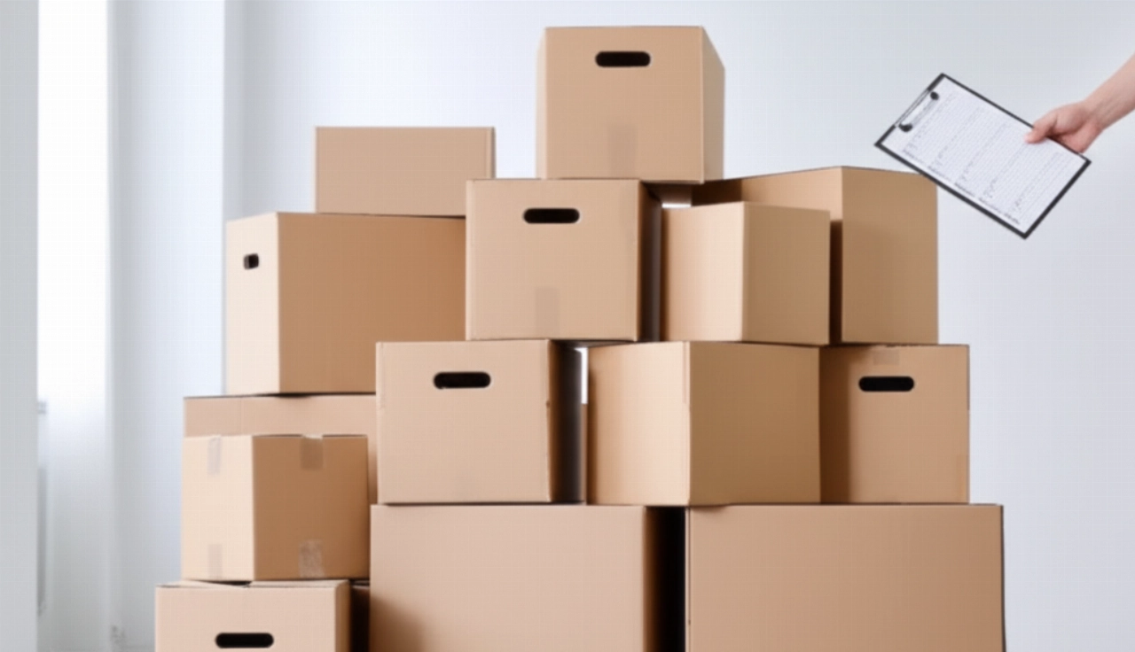 Neat stacks of new moving boxes in a bright room, with a Caucasian hand holding a checklist, representing preparation and organization.
