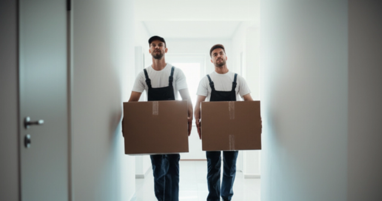 Two professional Caucasian movers carefully carrying a box in a modern apartment hallway, symbolizing efficiency and care.