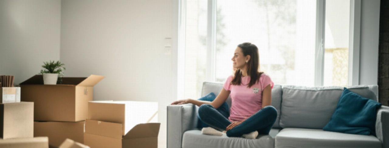 Smiling and relaxed Caucasian woman on the sofa in her new sunny living room, with some moving boxes, symbolizing a stress-free new beginning.