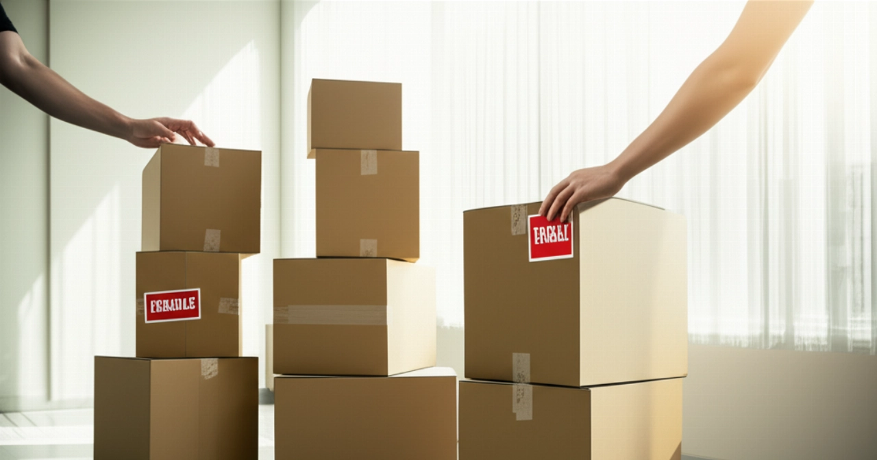 Organized and labeled moving boxes in a modern, bright living room.