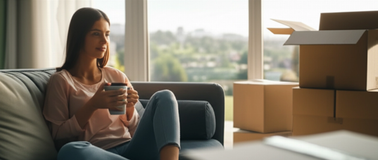 Relaxed Caucasian woman in her new apartment, with partially opened boxes.
