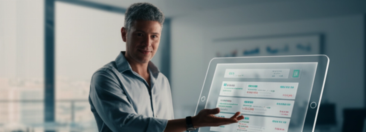 Caucasian professional showing clear and organized moving quotes on a digital screen.