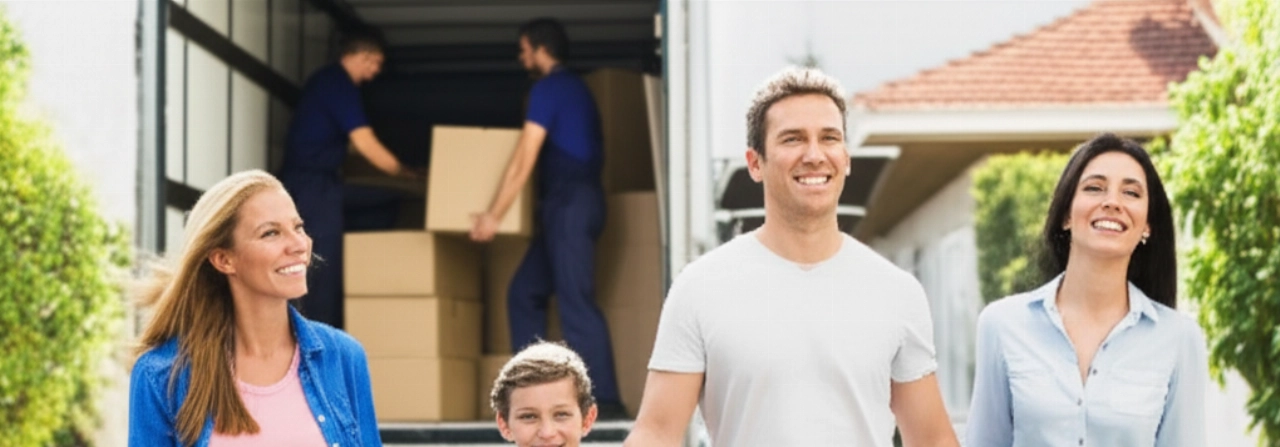 Happy and relaxed Caucasian family during an efficient move, with professional movers in the background.
