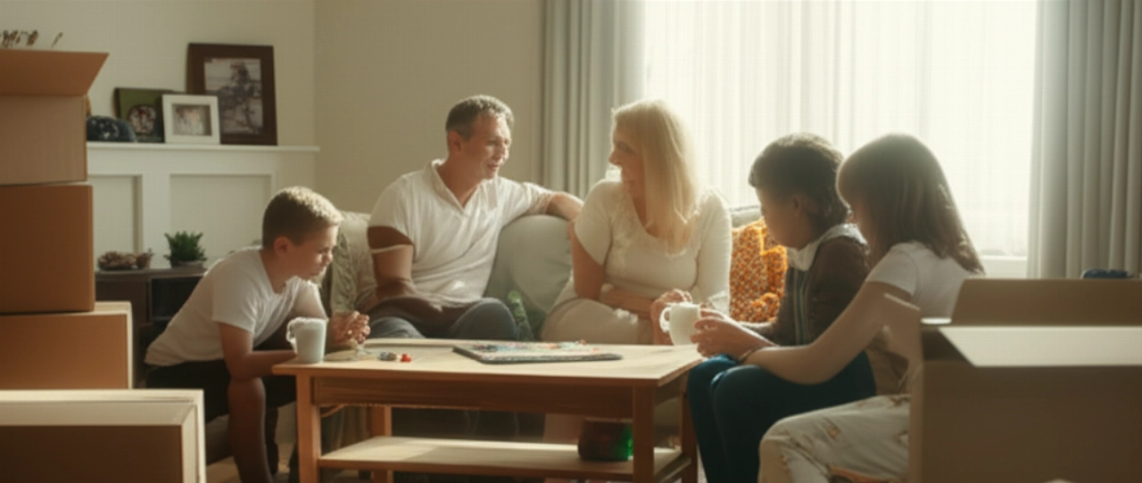 Relaxed and happy Caucasian family in their new living room, after a stress-free and affordable move.