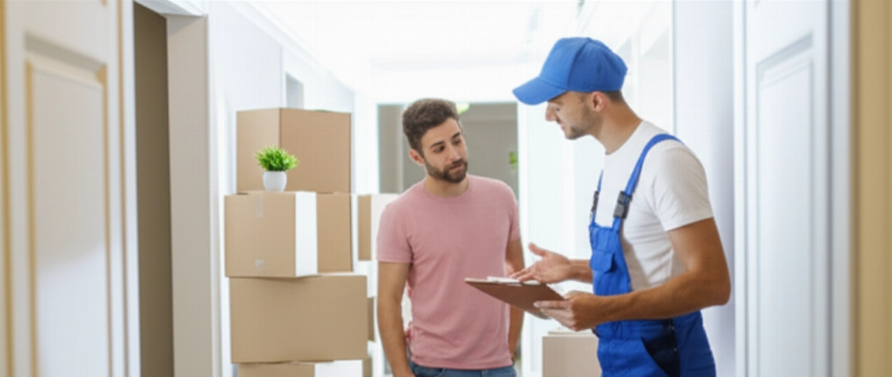 Professional Caucasian mover clearly explaining service details to a client, in an organized setting.