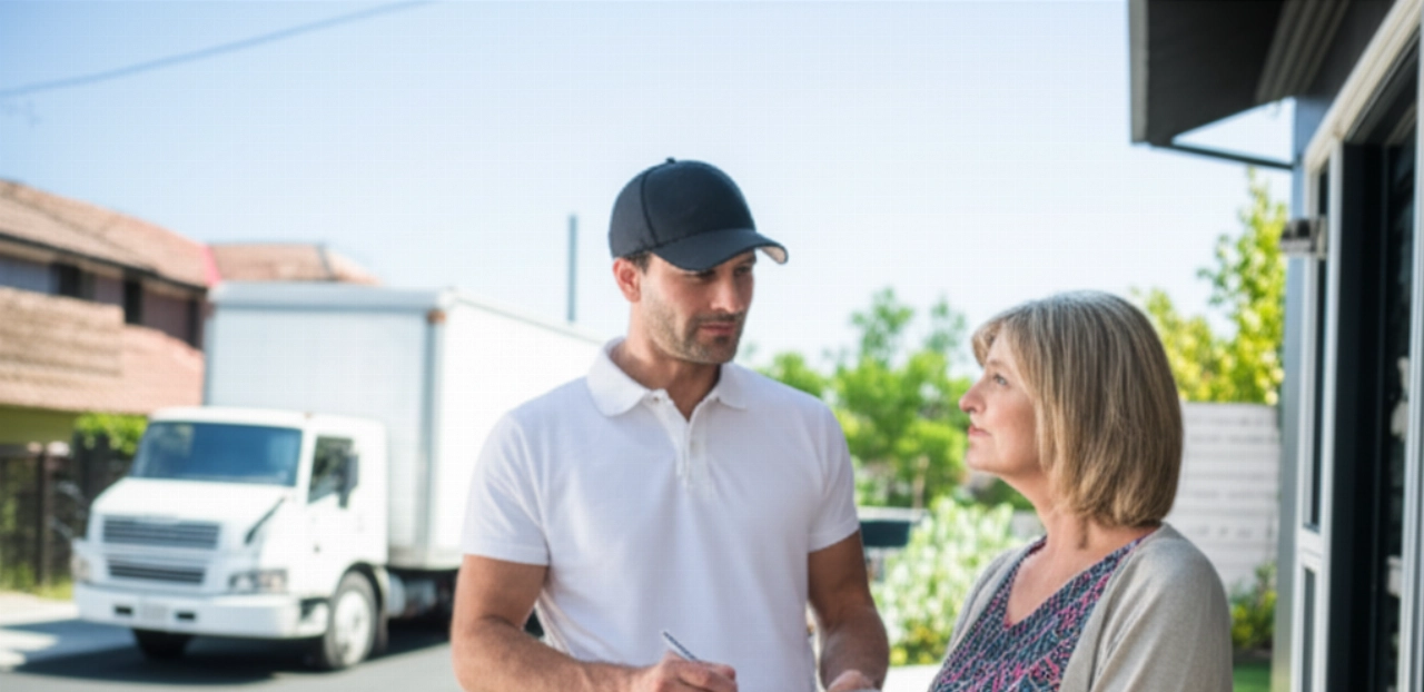 A professional Caucasian mover discusses a quote with a homeowner in front of a moving truck.