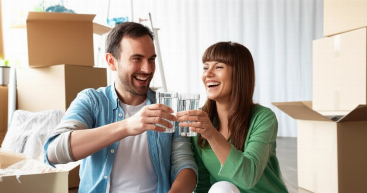Happy Caucasian couple celebrating successful move into their new living room, with moving boxes in the background.