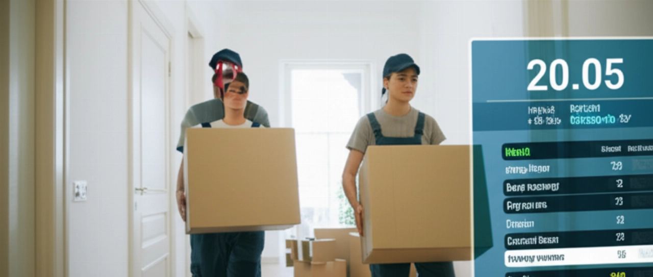 Professional Caucasian movers carrying a box in a bright hallway, symbolizing efficiency and transparency.