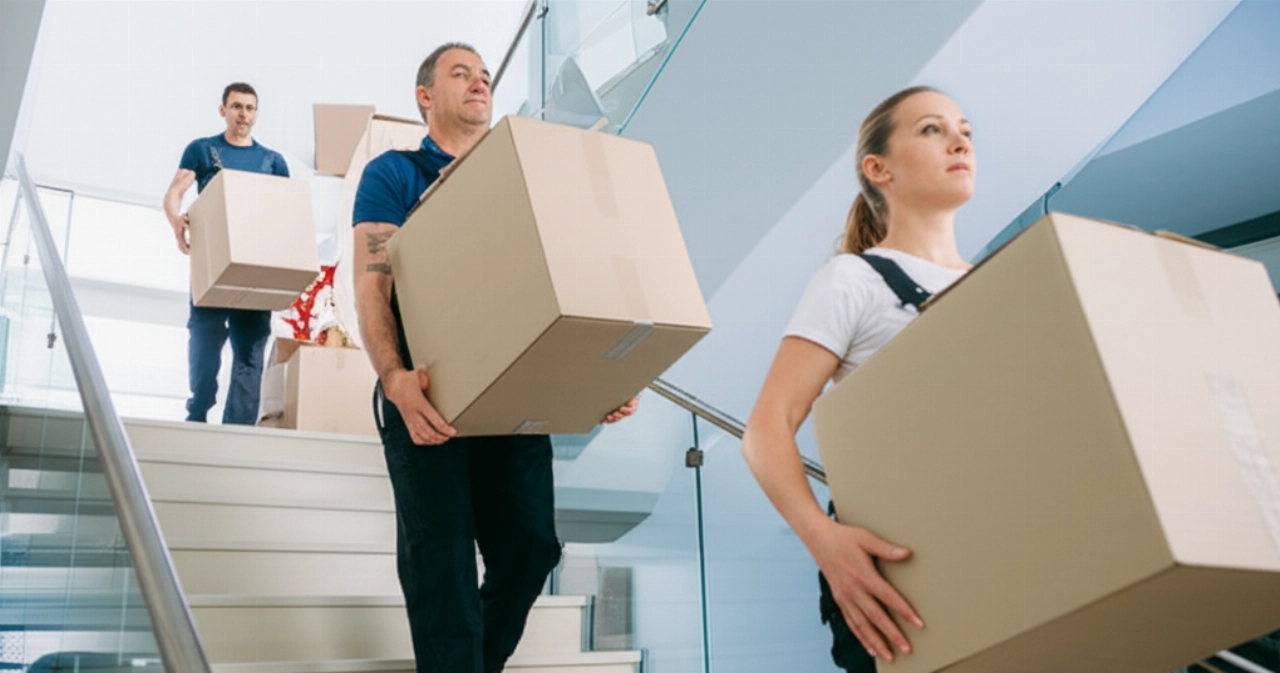 Caucasian movers carrying heavy boxes down a staircase, symbolizing the physical effort of moving.
