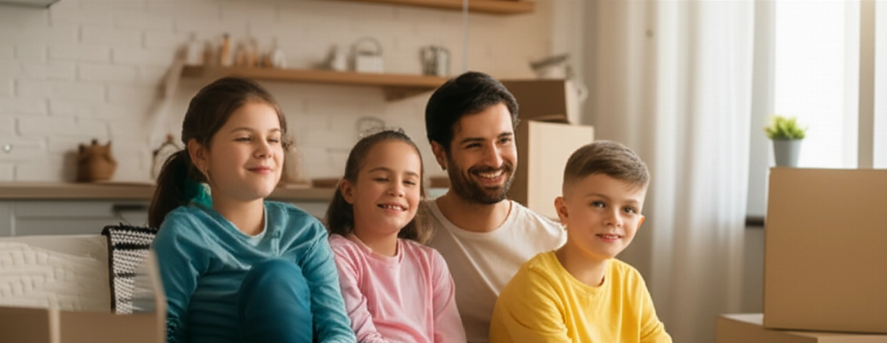 Caucasian family relaxed on the sofa in their new home after a successful move, with partially unpacked boxes.