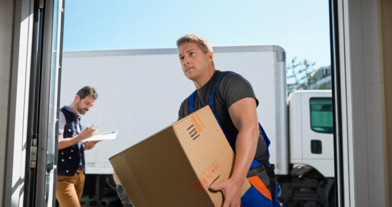 A robust Caucasian mover carries a box out of a building, with a truck in the background, on a sunny day, symbolizing the effort and cost of moving.