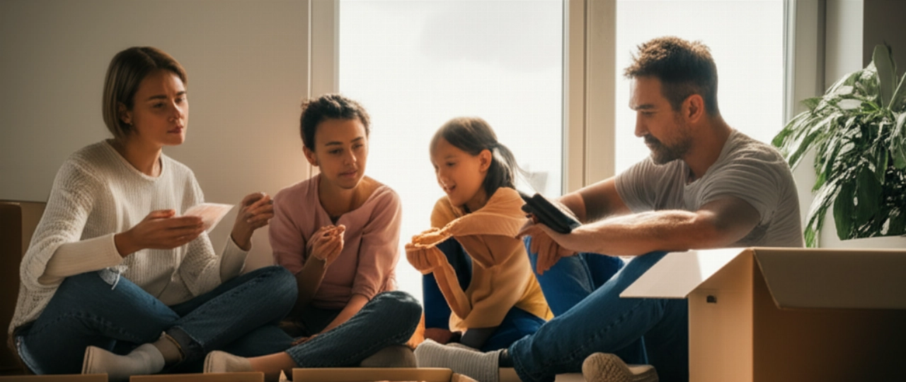 A Caucasian family relaxes on the floor of their new, almost empty apartment, flooded with sunlight, a moment of relief after the move and its expenses.