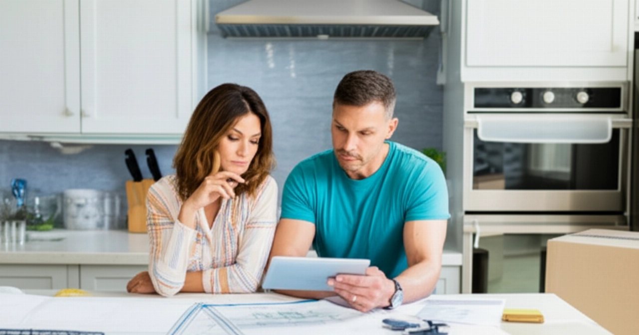 A Caucasian couple reviews documents and a tablet on a kitchen island, planning the move and costs, with moving boxes in the background.