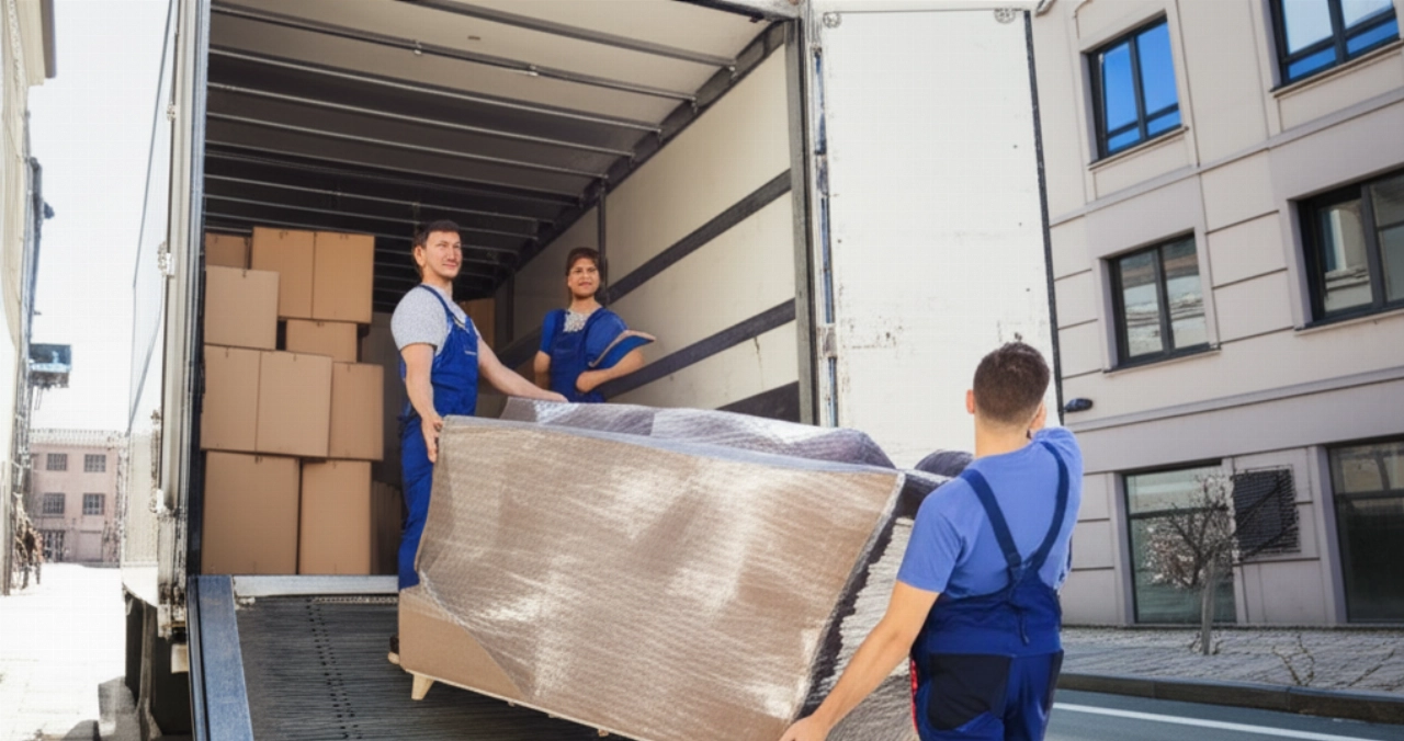 Professional Caucasian movers load furniture onto a large truck on a city street, illustrating the complexity and cost of a move.
