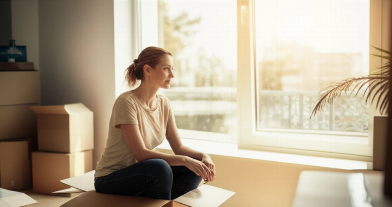 Young Caucasian woman sitting in a new apartment, surrounded by moving boxes, with a thoughtful expression reflecting on the cost and the beginning of a new phase.