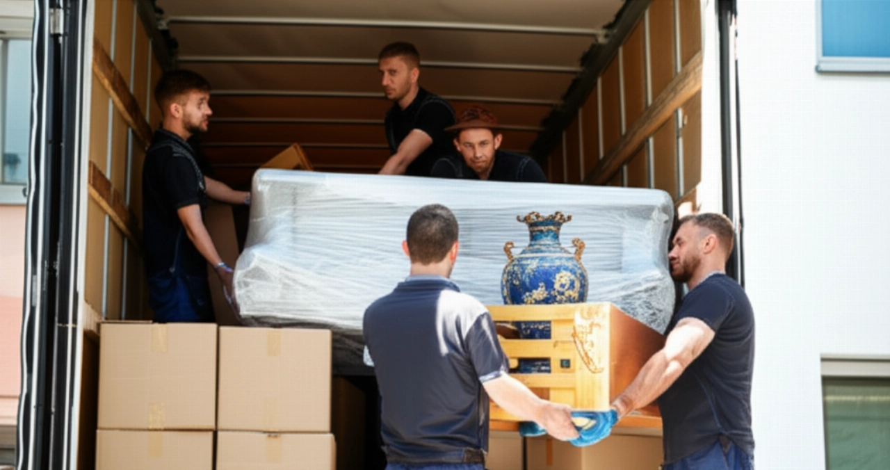 Professional Caucasian movers carefully load various items, including furniture and boxes, onto a truck.