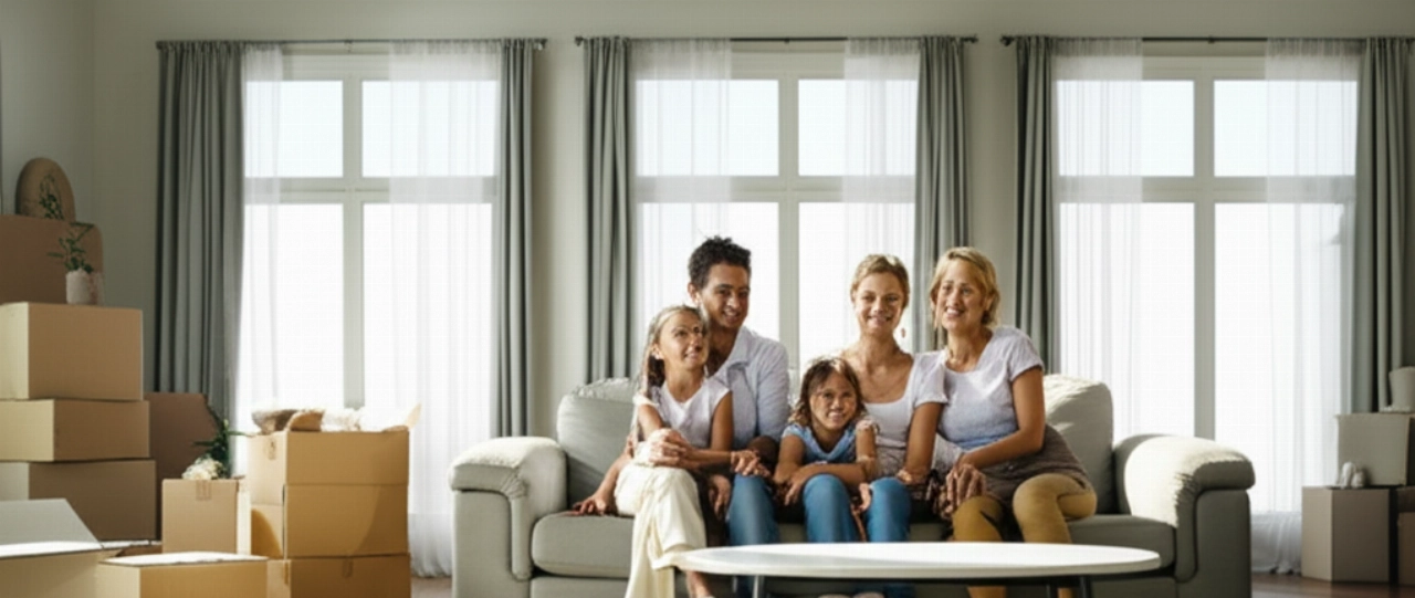 A Caucasian family smiles and relaxes in their new, partially unpacked living room.