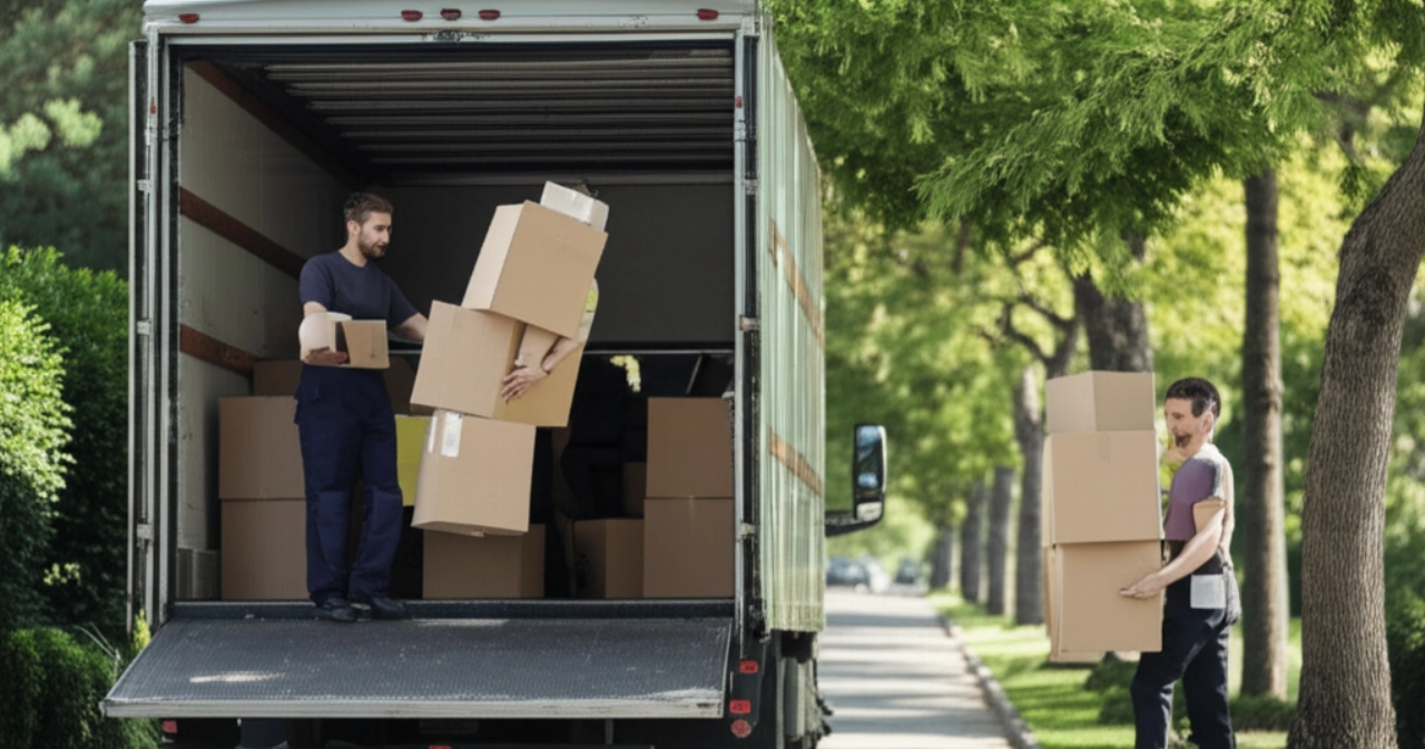 Modern moving van parked on a residential street, with Caucasian movers loading boxes.