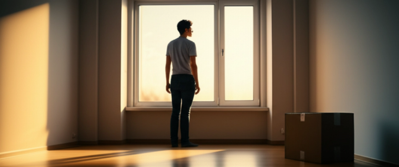 Caucasian person in an empty apartment, looking out the window, symbolizing a new beginning after moving.