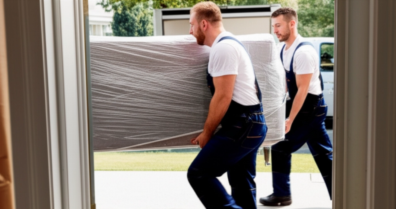 Two professional movers carry a sofa out of a house towards a truck.