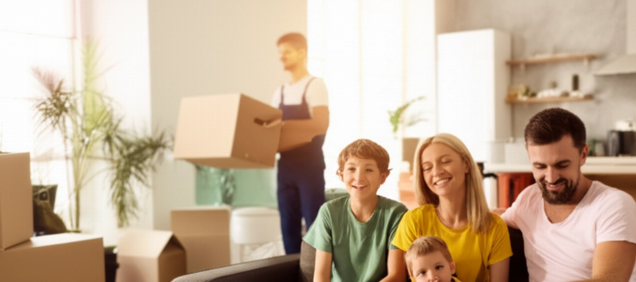 A happy family relaxes in their new home after a move completed by professionals.