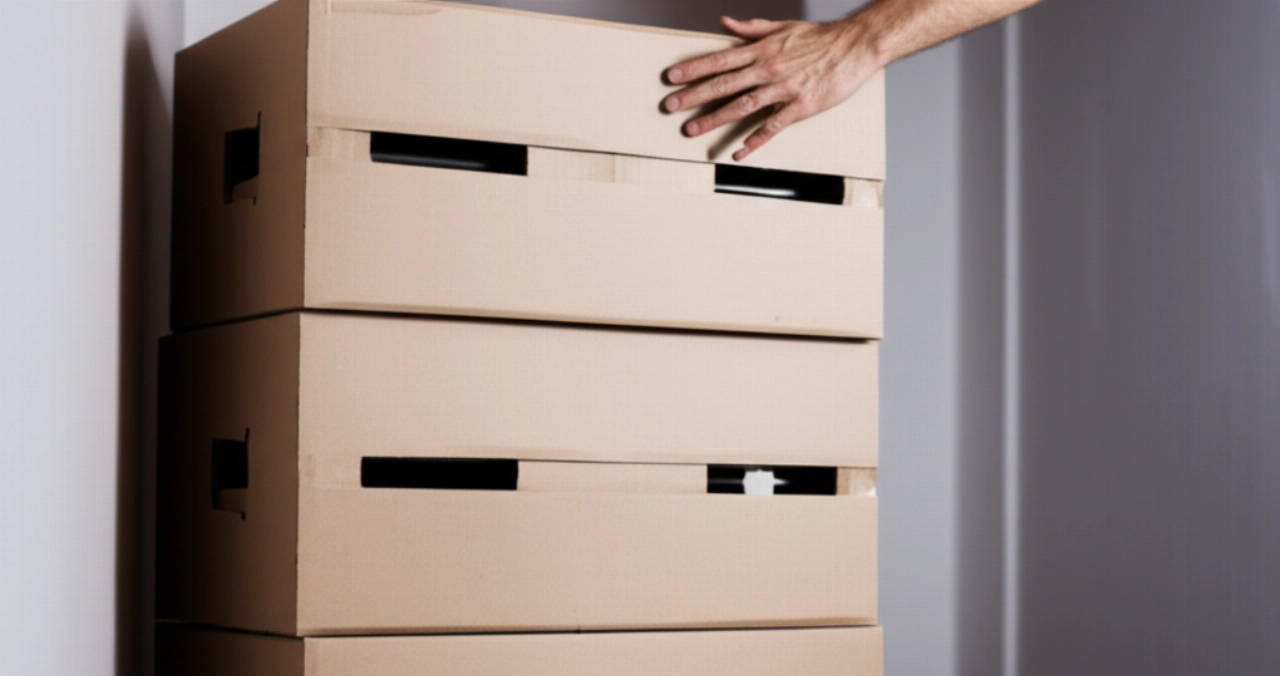 Moving wardrobe boxes stacked in a clean hallway, ready for use.