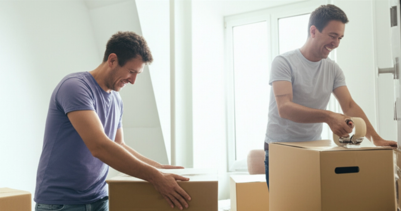 Smiling Caucasian couple easily packing personal items into economical boxes in a bright bedroom.