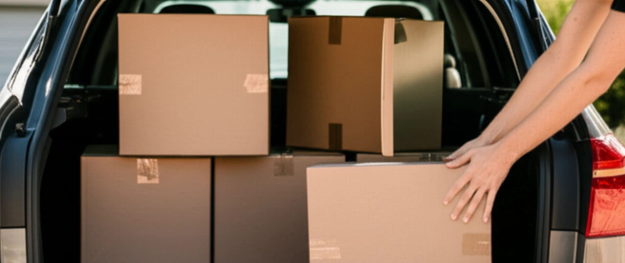 Economical moving boxes neatly loaded into a car trunk, ready for transport.