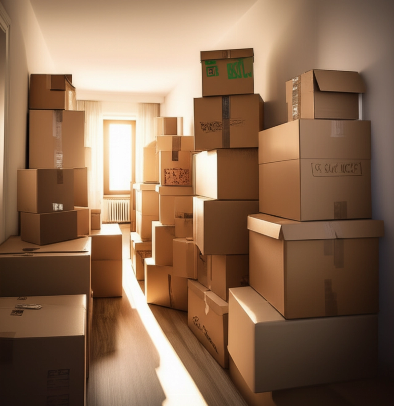 Hallway full of stacked moving boxes, illuminated by natural light.