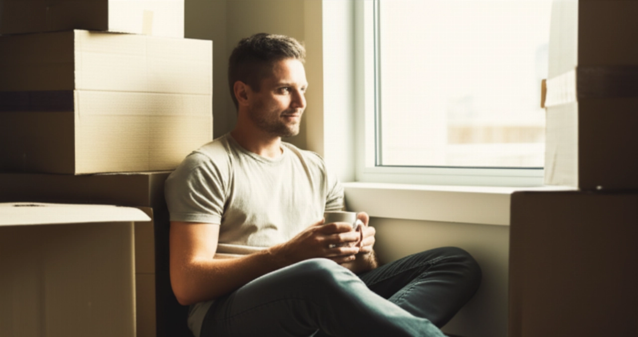 Caucasian man relaxing in a new apartment, surrounded by moving boxes.