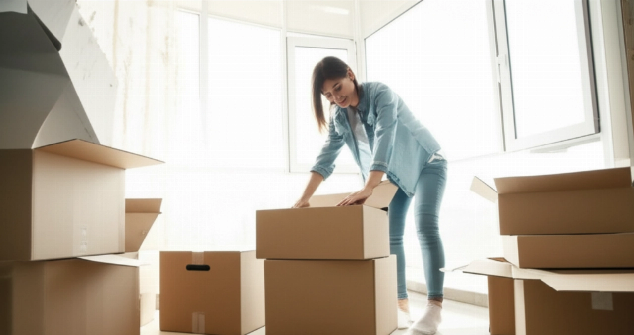Smiling Caucasian woman in a bright living room, surrounded by new and empty moving boxes, ready to pack.