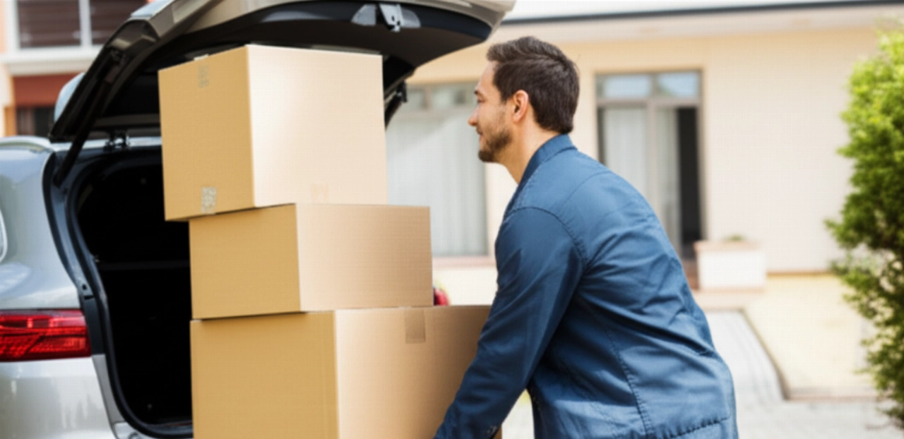 Caucasian man unloading large stacks of new and flat moving boxes from the trunk of a car in a sunny driveway.