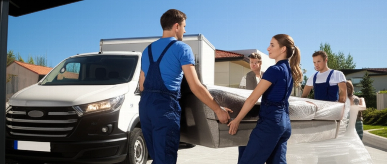 Two Caucasian movers, a man and a woman, expertly carry a large sofa out of a modern house towards a moving truck.