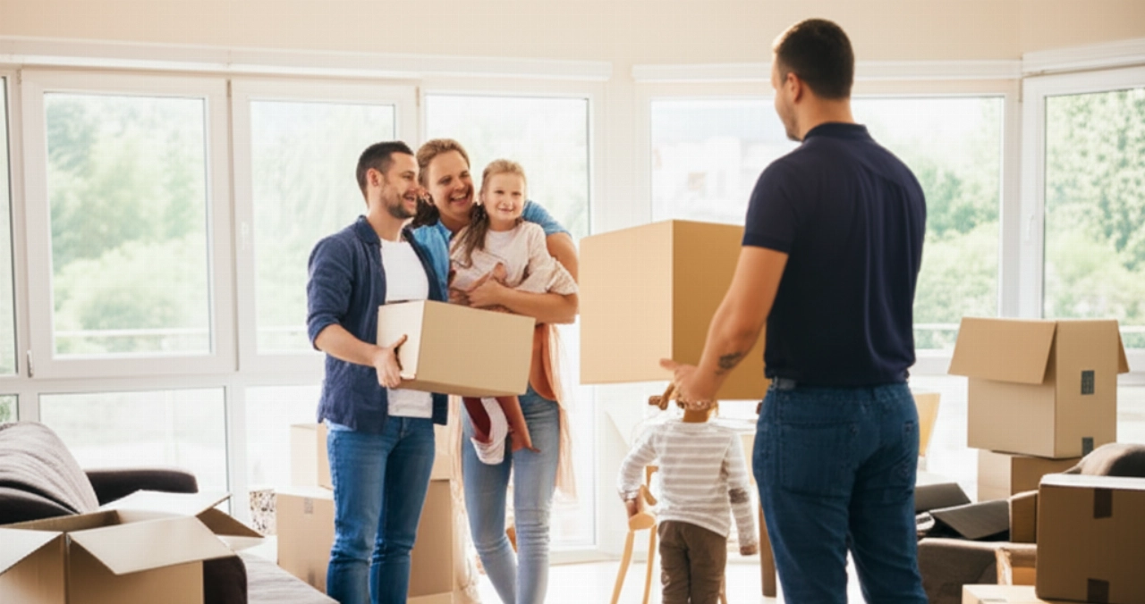 A happy Caucasian family and a smiling mover in a new sunny living room, with partially unpacked boxes, symbolizing a completed move.