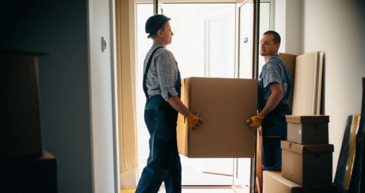 Two Caucasian operators clearing a house, carefully carrying empty boxes.