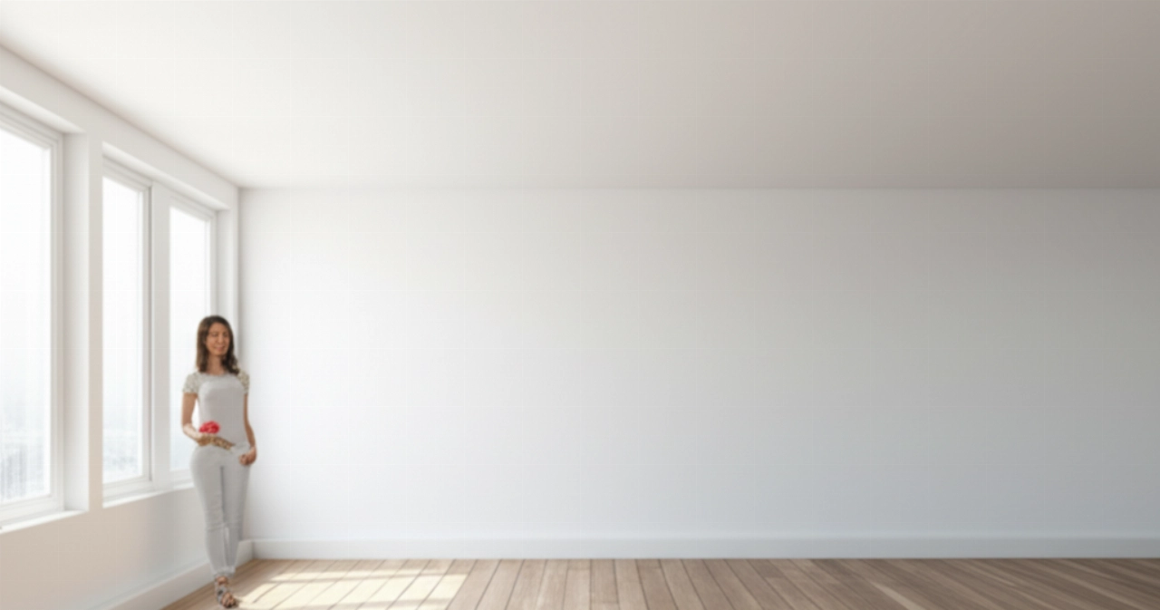 Empty, clean, and bright room after clearing, with a Caucasian woman admiring the space.