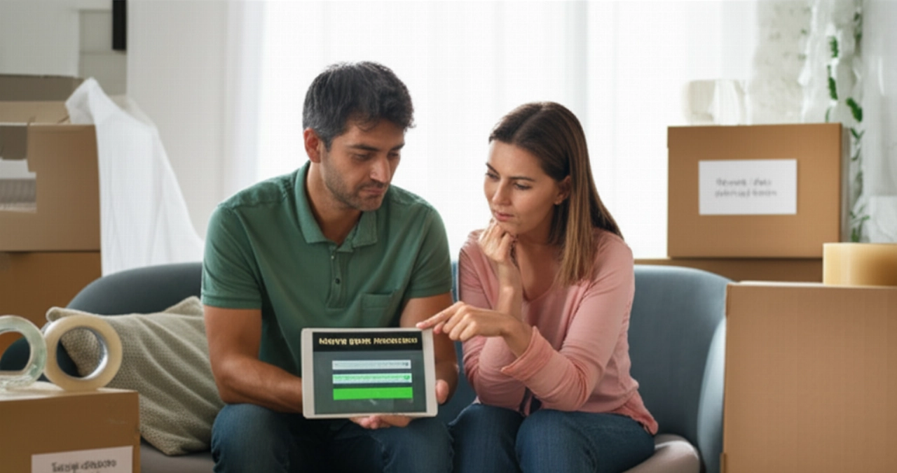 A Caucasian couple plans their move by consulting a moving quote simulation on a tablet, surrounded by boxes.