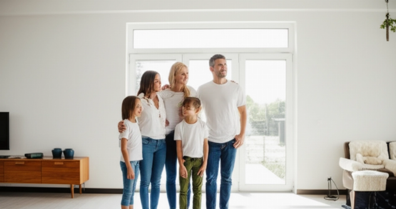 A happy and relaxed Caucasian family in a new spacious living room, symbolizing a successful move.
